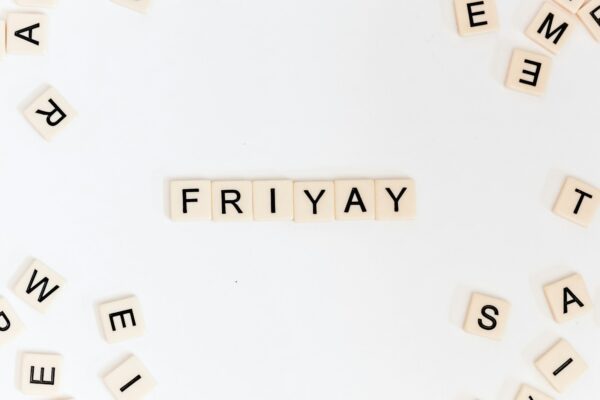 Friyay scrabble pieces on white surface