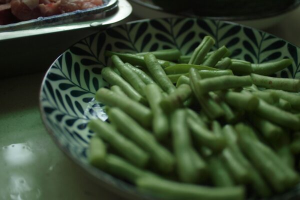 Sperziebonen kweken en eten: makkelijk, voedzaam en heerlijk knapperig green beans on white and blue floral ceramic plate
