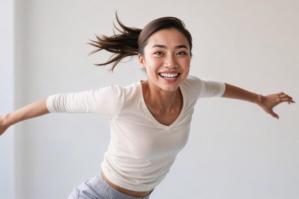 ai generated, woman, laughing, smiling, happy, happiness, jump, freedom, portrait