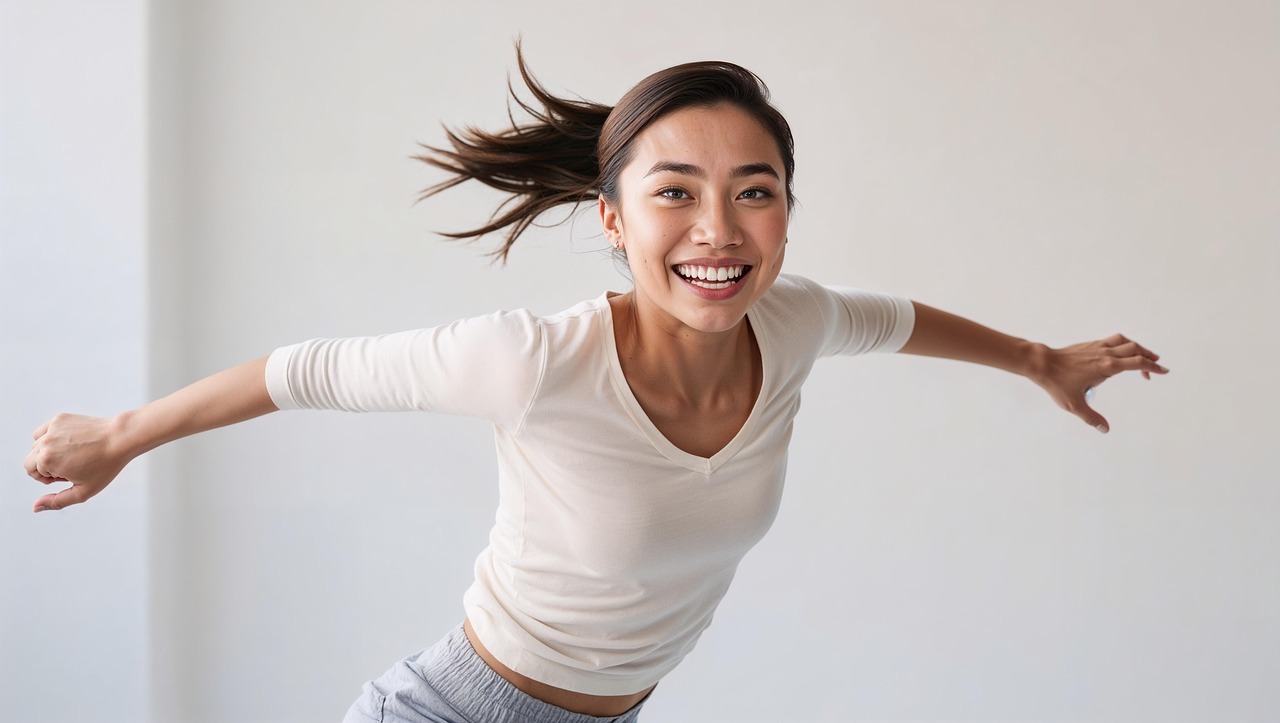 ai generated, woman, laughing, smiling, happy, happiness, jump, freedom, portrait