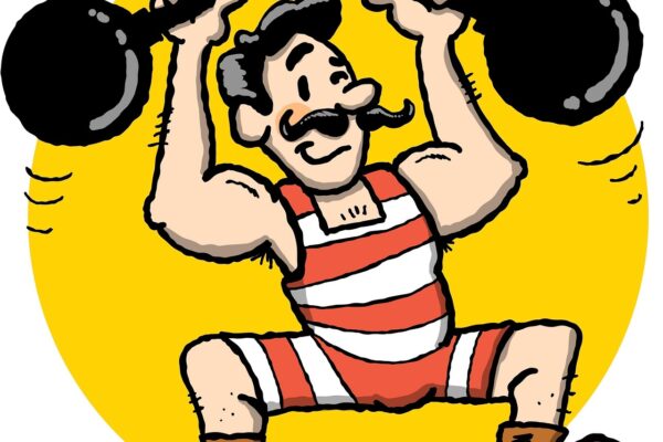 strong, fitness, gym, man, smiling, heavy, lifting, positive, cartoon, moustache