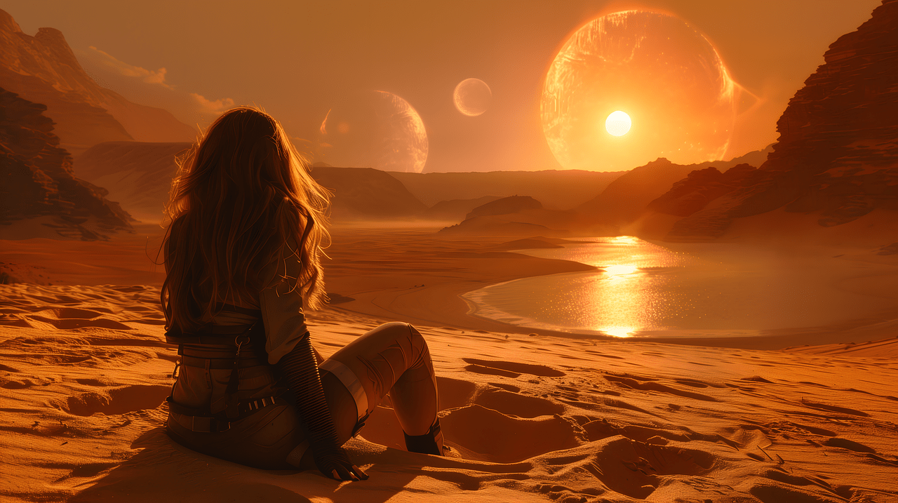 woman, lake, sand, sunset, nature, sci-fi, sitting, looking, girl, sun, uranus, landscape, scenic, planet, world